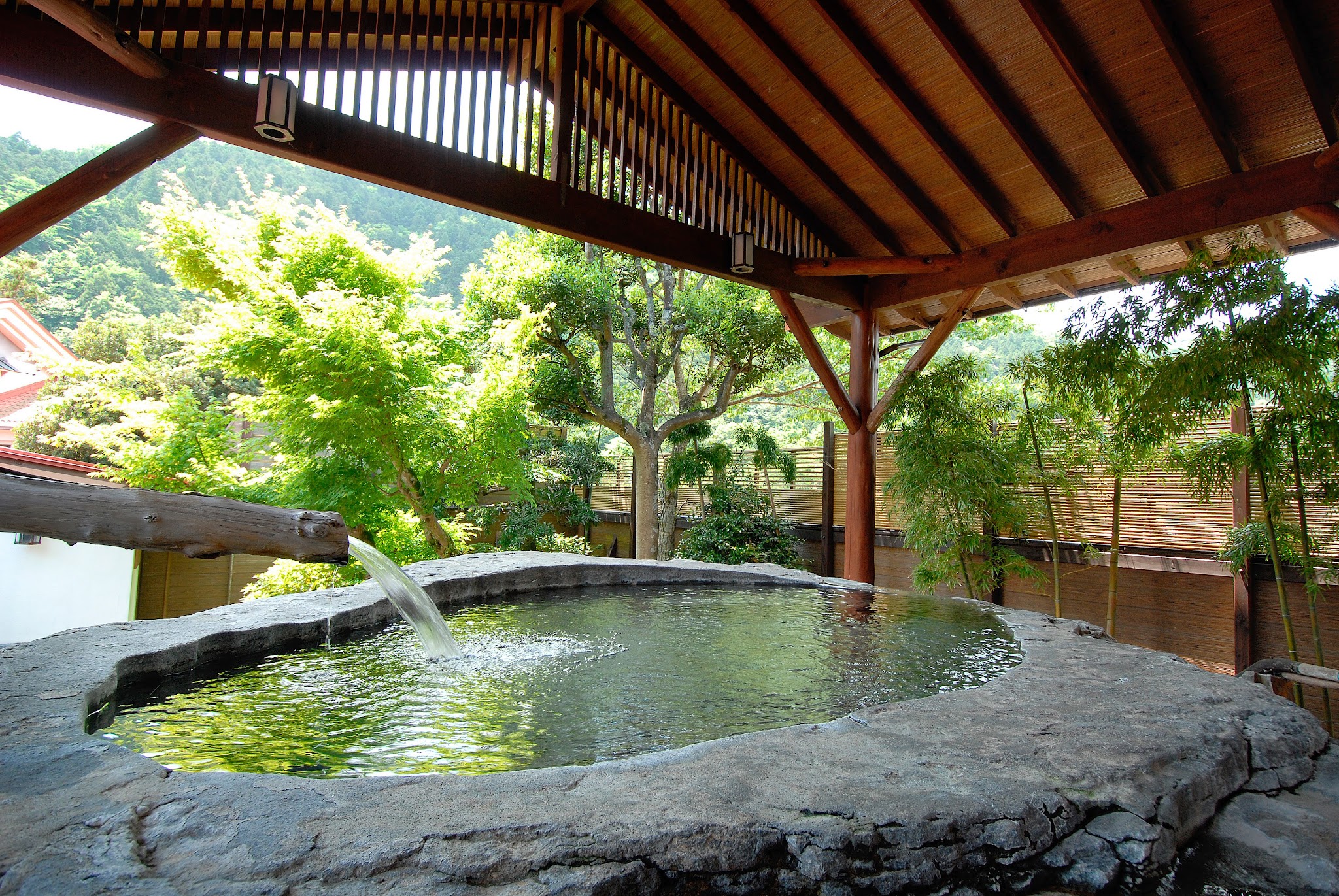 The open-air stone bath at Shirakabe beneath its timber roof, spring water running from a wooden spout, a maple beside it