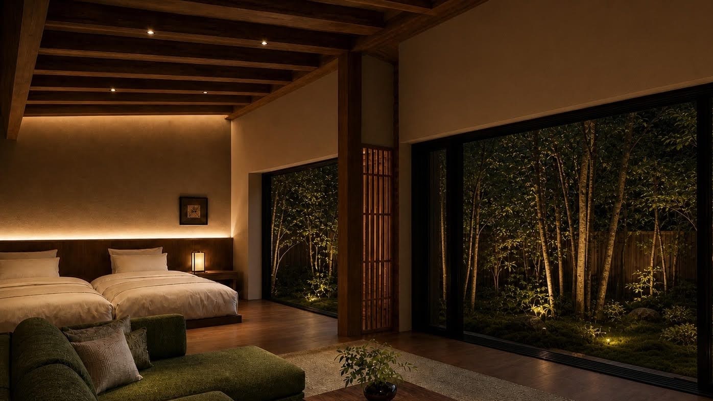 Completion image of Ofuku: twin beds under timber beams, a green sofa, the lit garden beyond the glass