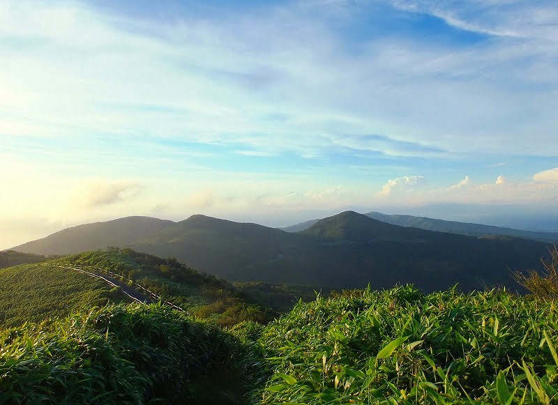 The Amagi ridgeline in evening light: slopes of bamboo grass descending toward distant peaks and the sea